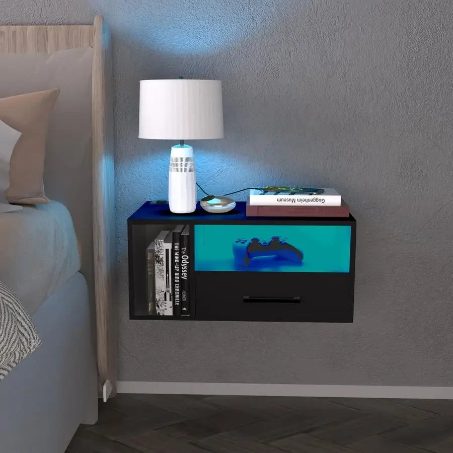 Float Shelf Nightstand with LED & Charger