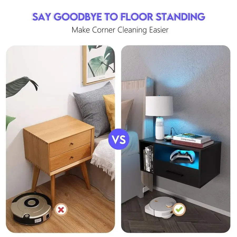Float Shelf Nightstand with LED & Charger