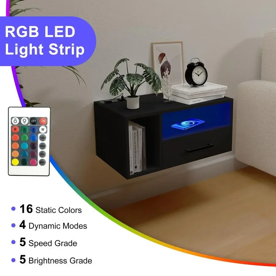 Float Shelf Nightstand with LED & Charger