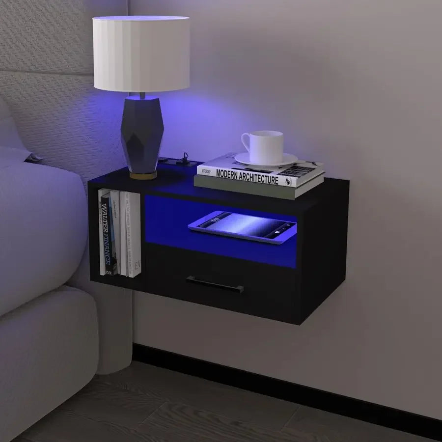 Float Shelf Nightstand with LED & Charger