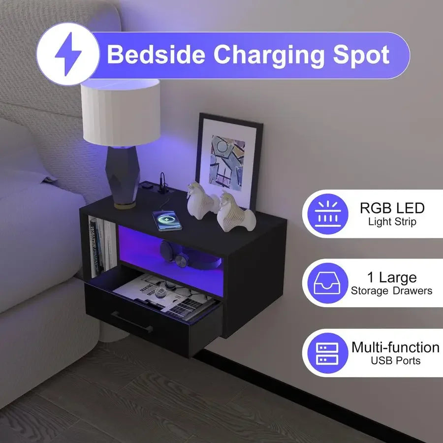 Float Shelf Nightstand with LED & Charger