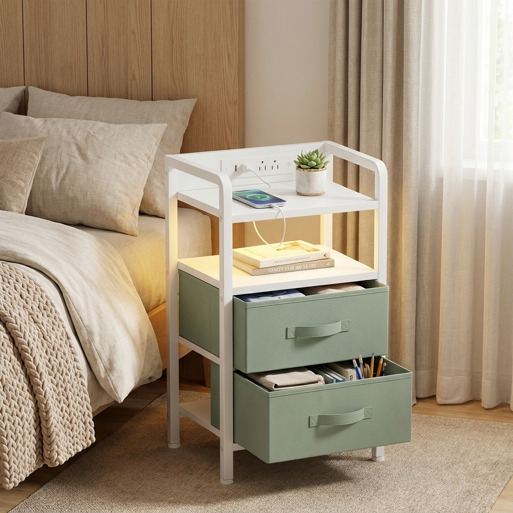 Industrial Loft Nightstand with Drawers & LED