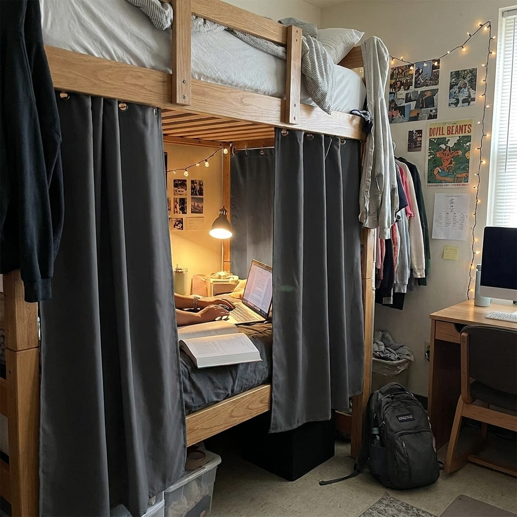 Student Bed Curtains in dorm room lifestyle setting